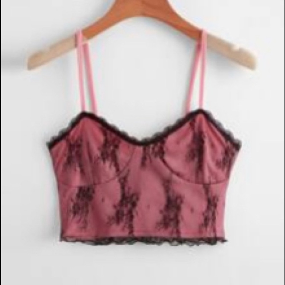 pink cropped cami with black lace